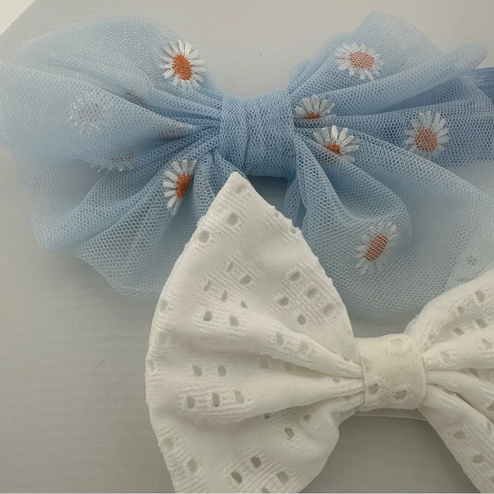 Blue and White Floral Bow Headband Set